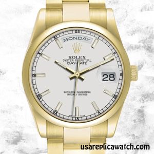 USA Replica Rolex Day-Date Rolex Calibre 2836/2813 118208 Men's Hands and Markers Gold-tone